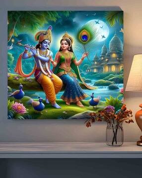 saf Radha Krishna Canvas Wall Art Painting with Temple & Peacock Theme-picture-44