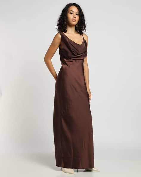 reformation dress brown ESPERANAZA MAXI DRESS IN CEDAR SILK SATIN  DE LA VALI OFFICIAL