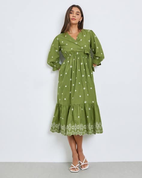 embroidered wrap dress Caramel Flora Brown Viscose Dress with Chinese Collar Neck & Elbow Sle –  HAY! main image 0