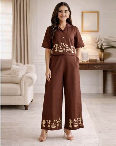 Warli Art Embroidered Ethnic Shirt & Pants Co-Ord Set