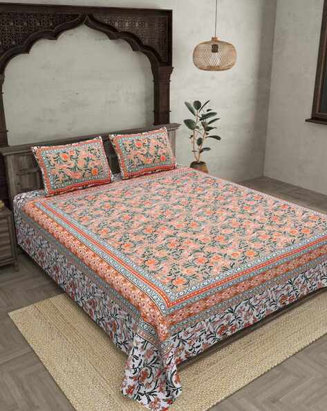 Jaipur Fabric Floral Print Double Bedsheet With 2 Pillow Covers