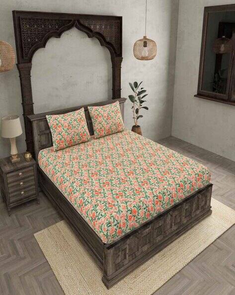 Jaipur Fabric Printed Double Bedsheet with Pillow Cover- 250TC