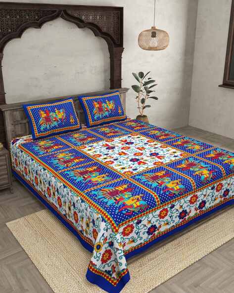 Jaipur Fabric Indian Print Bedsheet with 2 Pillow Cover