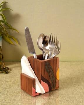 aakriti art creations Handcrafted Leaf Print Wooden Cutlery Holder-picture-34