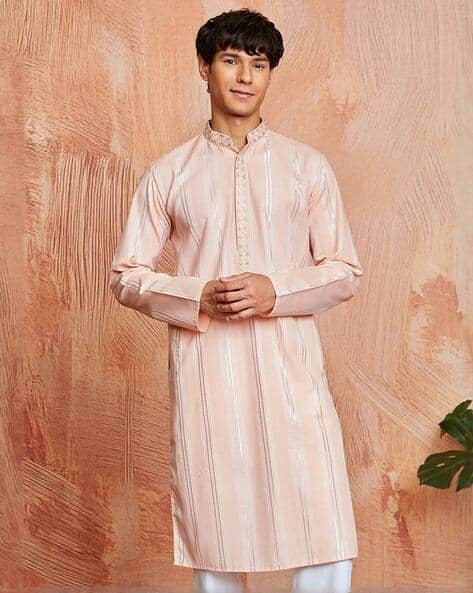 Men Embroidered Regular Fit Long Kurta with Mandarin Collar
