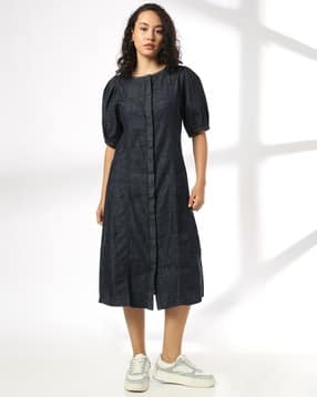dnmx Women A-Line Dress with Puff Sleeves-picture-51
