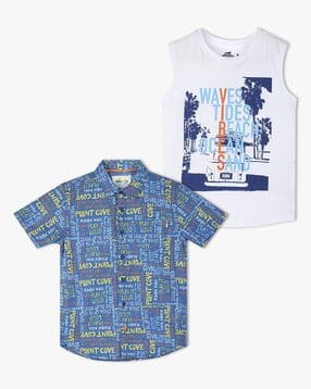 Boys Brand Print Relaxed Fit Twofer Shirt with T-Shirt-image-45