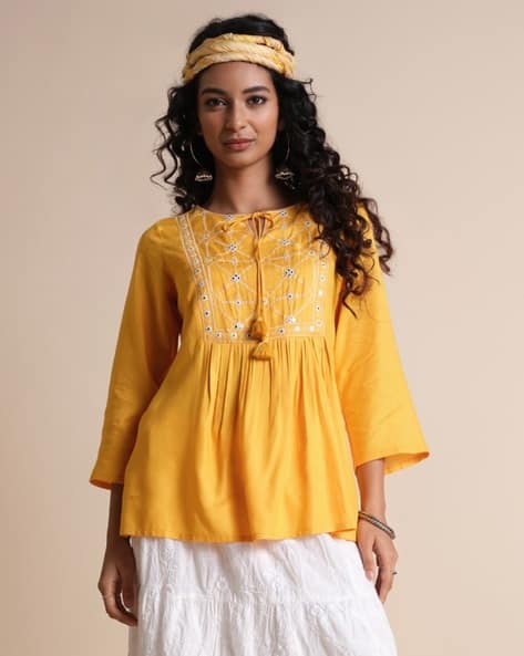 Global Desi Women Embroidered Regular Fit Top with Tie-Up