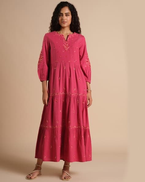 Global Desi Women Embroidered Round-Neck Dress