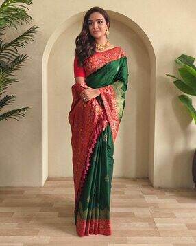 svaraa Women Traditional Zari Weaving Saree with Blouse Piece-picture-8