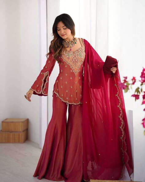 Indie Picks Women Embroidered Straight Kurta with Flared Pants & Dupatta