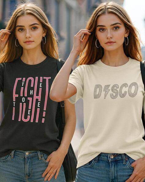 TROMKO Women Pack of 2 Typographic Print Regular Fit T-Shirt