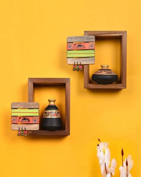 Aakriti Art Creations Wooden Pack of 2 Shelfs with 2 Pots