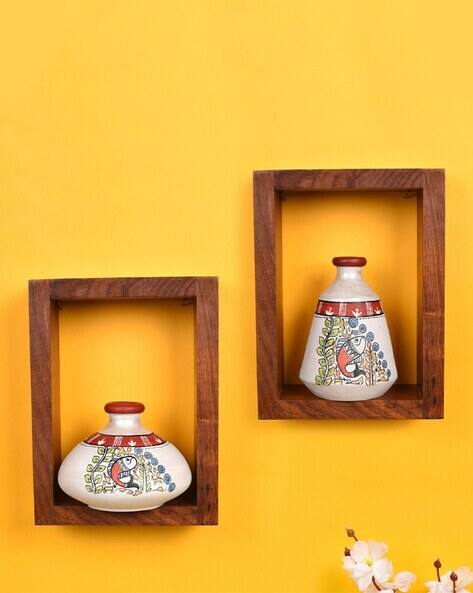 Aakriti Art Creations Wooden Pack of 2 Shelfs with 2 Pots