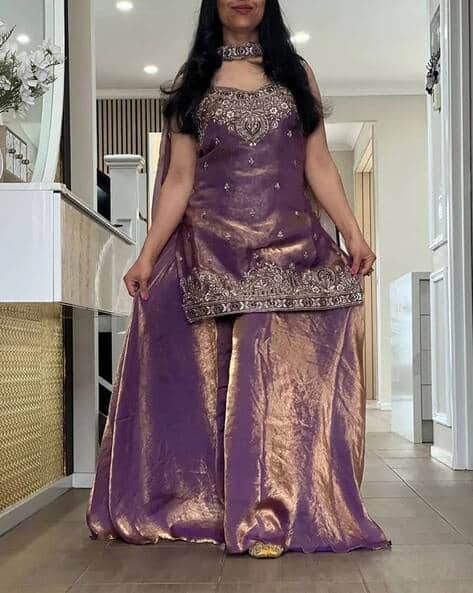 Indie Picks Embellished Flared Kurta with Sharara & Dupatta