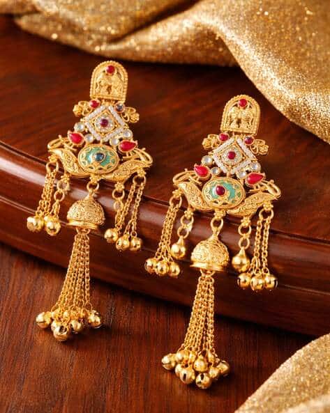 Oomph Gold Elephant Design Ghungroo Kashmiri Drop Earrings