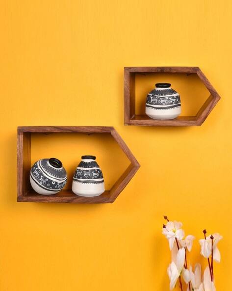 Aakriti Art Creations Wooden Pack of 2 Shelfs with 3 Pots