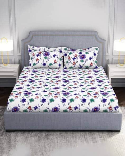 SPACES  Floral Print Double Bedsheet with Pillow Covers - 144 TC