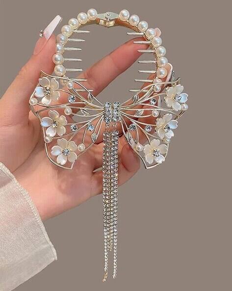 Oomph Women Crystal Studded Pearl Drop Hair Pin