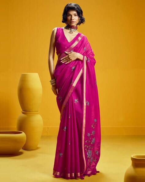 Saree mall Floral Print Cotton Silk Saree with Tassels