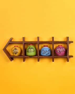 aakriti art creations Wooden Shelf with 4 Pots-picture-32