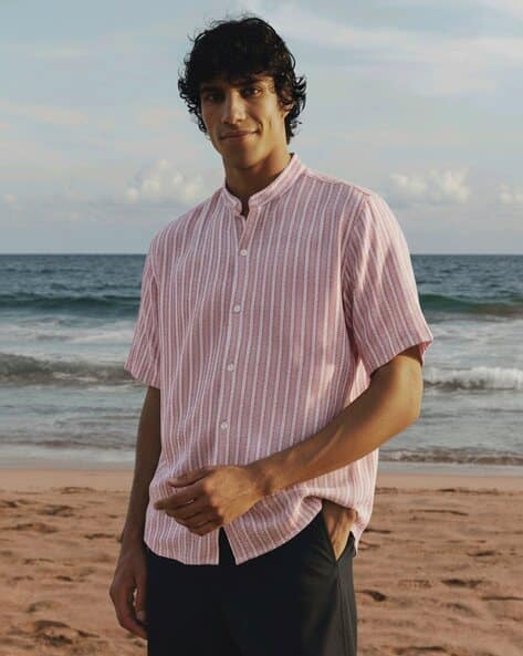 POSHAX Men Striped Regular Fit Shirt with Mandarin Collar