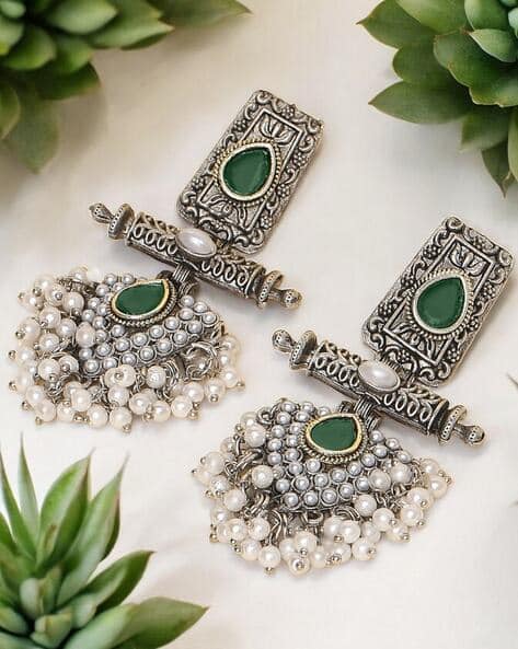Oomph Oxidised Silver-Plated Pearl-Beaded Drop Earrings