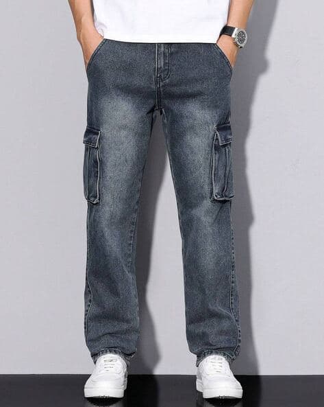 QNIM Men Mid-Wash Relaxed Cargo Jeans