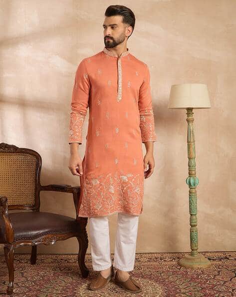 Men Embroidered Mandarin-Collar Regular Kurta