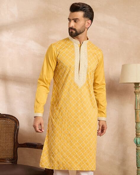Men Relaxed Fit Mandarin-Neck Long Kurta