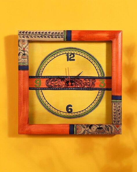 Aakriti Art Creations Wall Clock Handcrafted with Madhubani Art Orange Frame with Glass