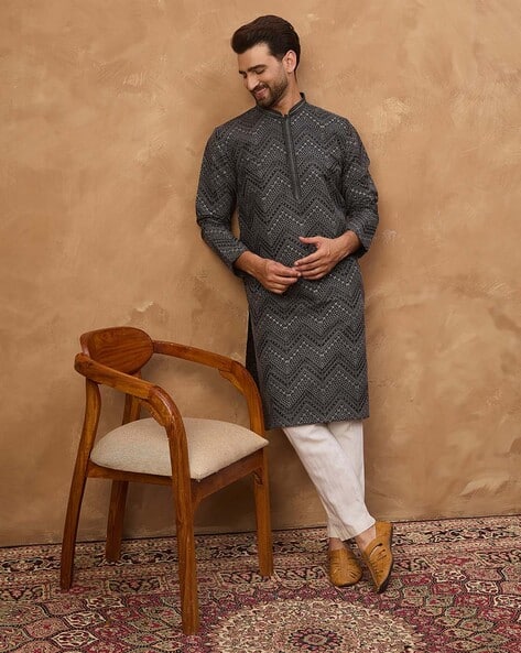 Men Relaxed Fit Mandarin-Neck Long Kurta