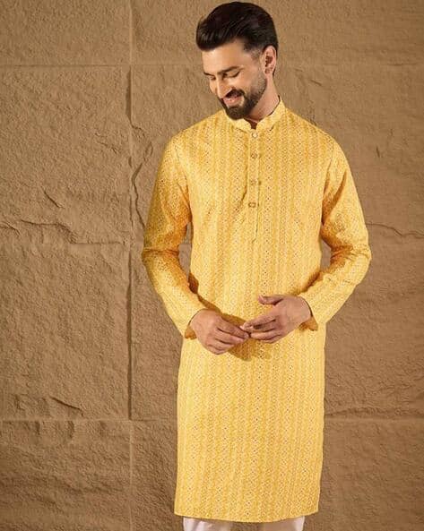 Men Relaxed Fit Mandarin-Neck Long Kurta