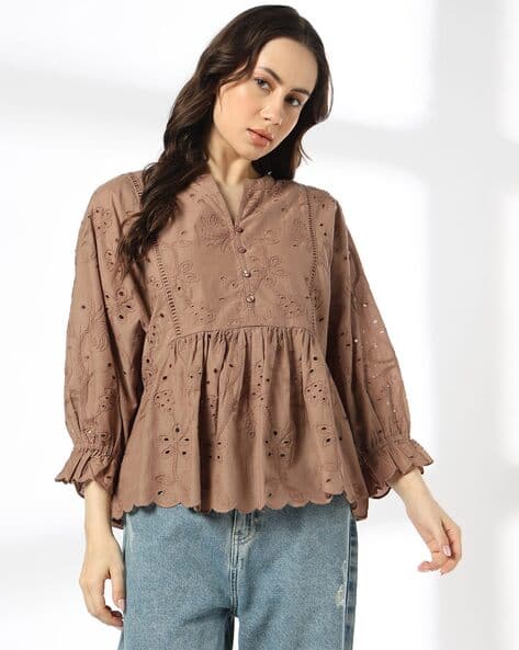 DNMX Women Y-Notch Embroidered Peplum Top