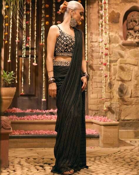 Global Desi Women Embroidered Pre-Stitched Saree