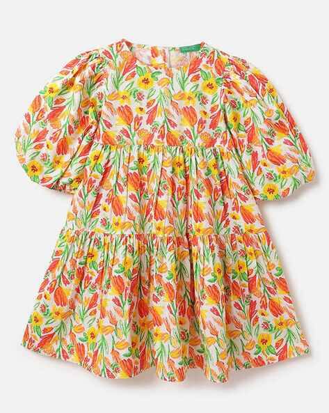 UNITED COLORS OF BENETTON Girls Floral Print Tiered Dress with Hair Scrunchies
