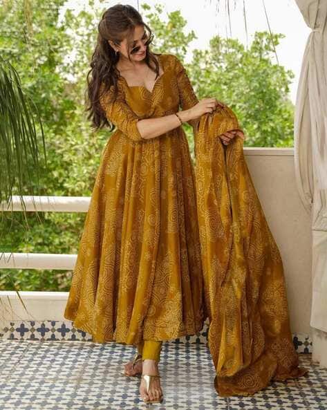 GOSRIKI Women Block Print Anarkali Kurta Set With Dupatta