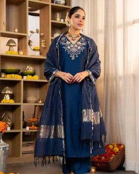 indie picks Embroidered Straight Kurta with Pants & Dupatta -picture-49