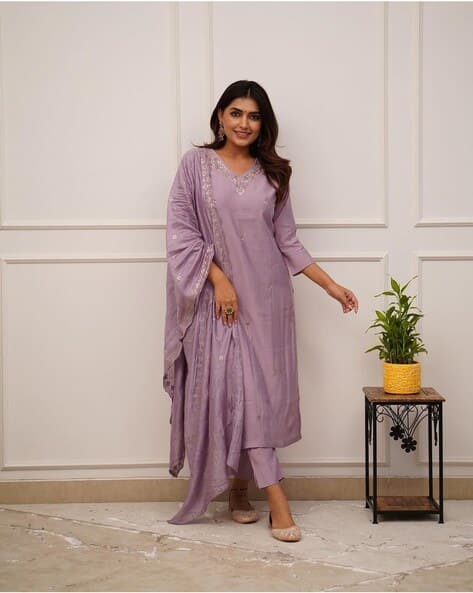 Indie Picks Embellished Straight Kurta with Pants & Dupatta