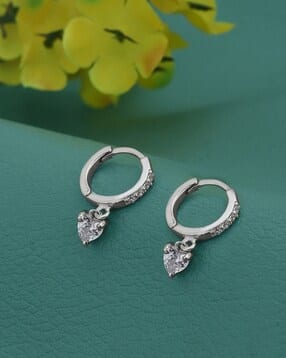 vanbelle Women Sterling Silver Rhodium-Plated Cubic Zirconias Dangling Heart Hoop Earrings-picture-32