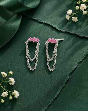 vanbelle Women Sterling Silver Rhodium-Plated Cubic Zirconias Chain Stud Earrings-picture-52