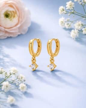 Women Sterling Silver Gold-Plated Dangling Cubic Zirconias Mini Hoop Earrings-image-32