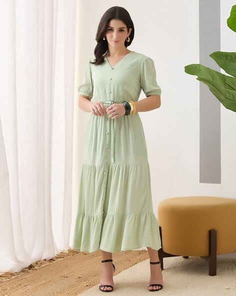 Latin Quarters Women V-Neck Fit & Flare Dress with Adjustable Belt