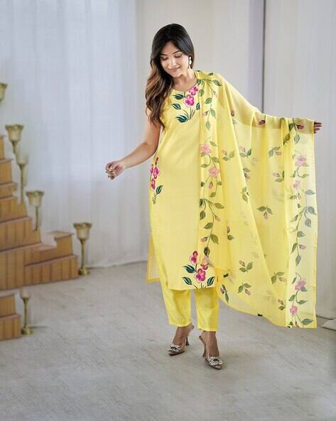 Indie Picks Floral Print Straight Kurta with Pants & Dupatta