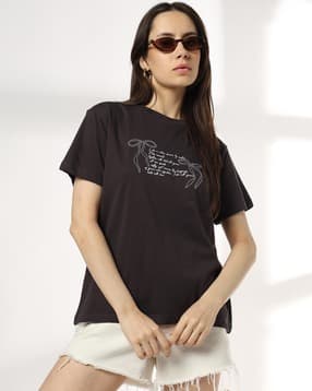 dnmx Women Typographic Print Boxy Fit Crew-Neck T-Shirt-picture-29