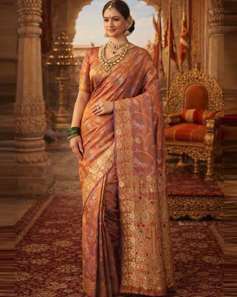 Indie Picks Floral Woven Silk Blend Saree with Zari Boder