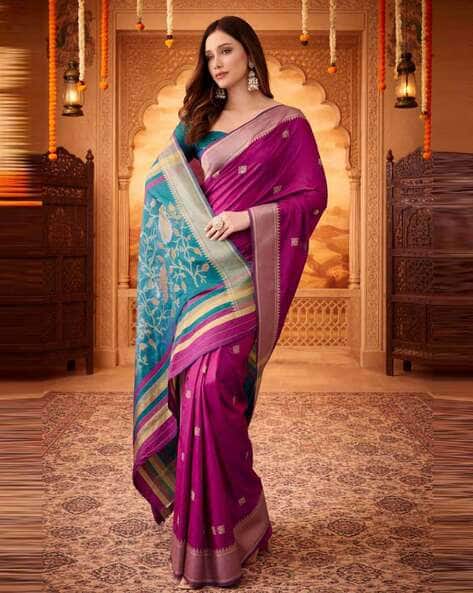 Indie Picks Ikkat Silk Blend Saree with Contrast Peacock Motif Zari Pallu