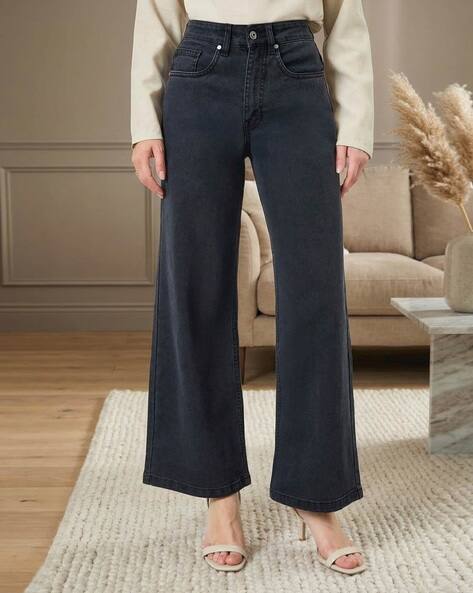 Styli  Stretch Wide Leg Full Length Mid Waist Jeans