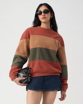 the souled store Polar Fleece Sweatshirt Tranquil|The Souled Store  - Women Striped Oversized Fit Sweatshirt-picture-16
