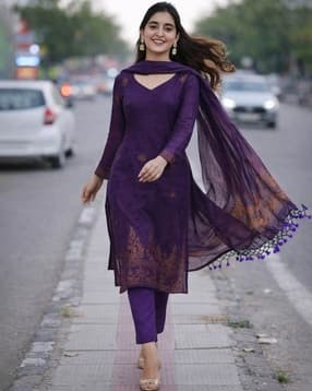 indie picks Women Floral Woven Cotton Silk Straight Kurta & Pants -picture-26